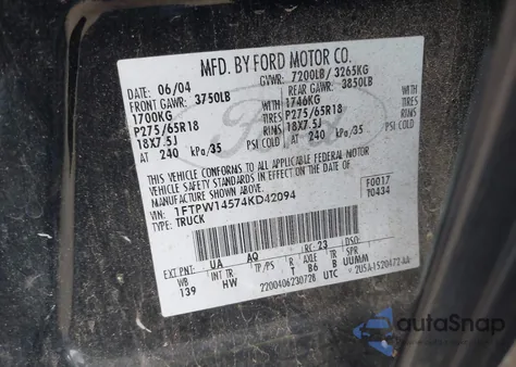 2004 Ford F-150 Fx4/Lariat/Xlt from USA, damaged, VIN 1FTPW14574KD42094